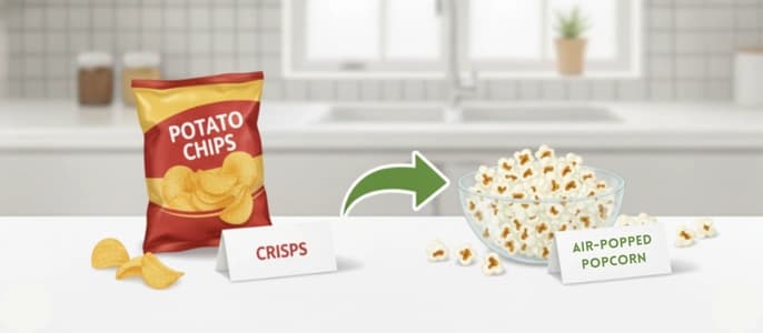 A side-by-side illustration swapping a bag of potato chips for a bowl of healthy air-popped popcorn.