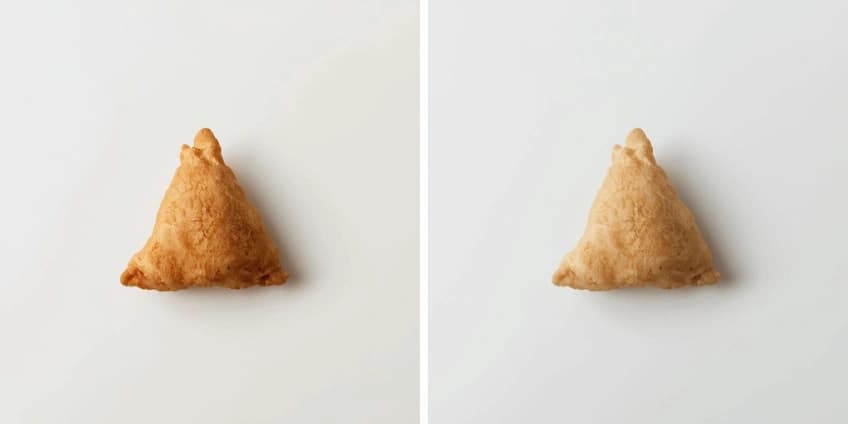 A side-by-side illustration swapping a deep-fried samosa for a crispy, healthy air-fried samosa.