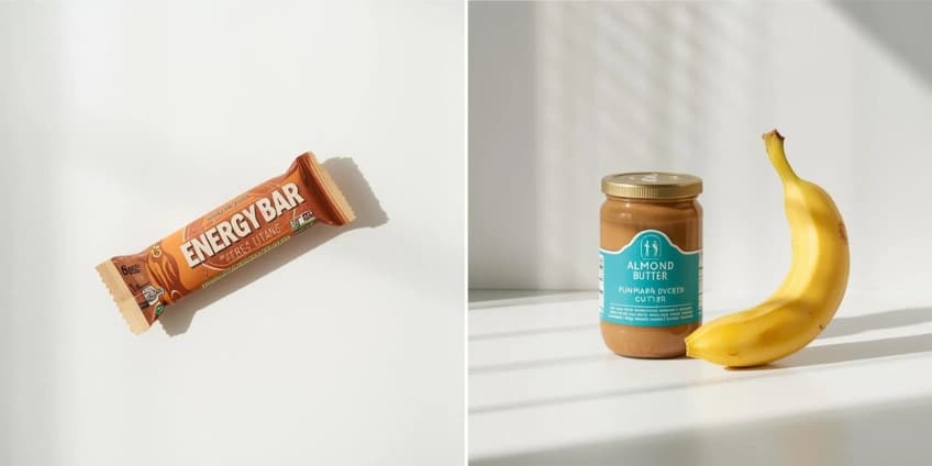 A side-by-side illustration swapping a processed energy bar for a banana and a jar of almond butter.