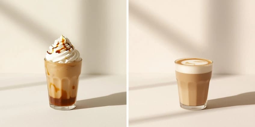 A side-by-side illustration swapping a sugary fancy coffee drink for a healthier homemade latte.