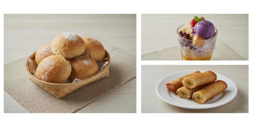 A collage of healthy Filipino desserts, including whole wheat pandesal, halo-halo, and air-fried turon.