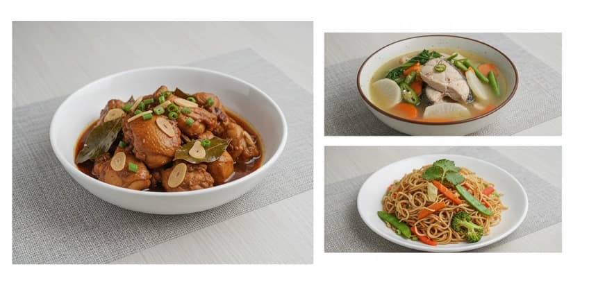 A collage of healthy Filipino dishes, including chicken adobo, sinigang na bangus, and vegetable pancit.