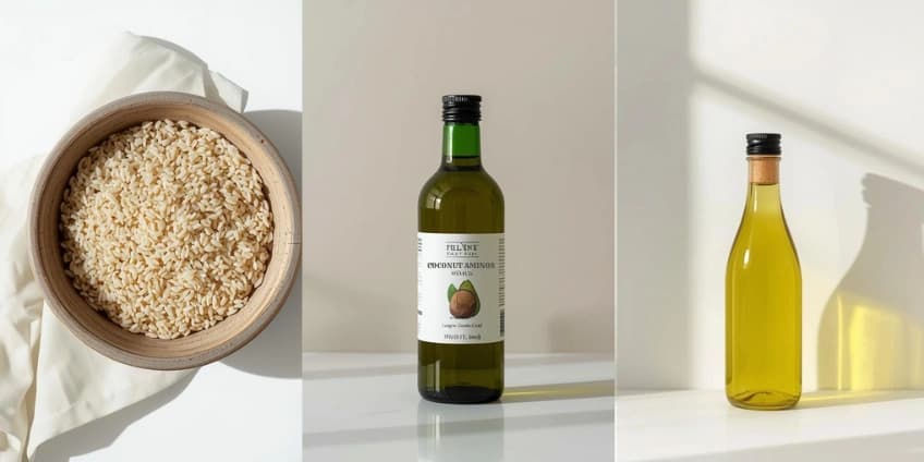 A collage of healthy Filipino pantry swaps, including brown rice, coconut aminos, and avocado oil.