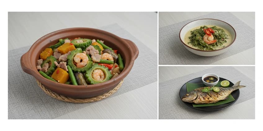 A collage of healthy regional Filipino dishes, including pinakbet, laing, and inihaw na isda.