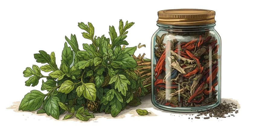 A side-by-side illustration of a wilting bunch of fresh herbs next to a long-lasting jar of dried herbs.