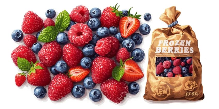 A side-by-side illustration of expensive fresh berries next to a bag of affordable frozen berries.