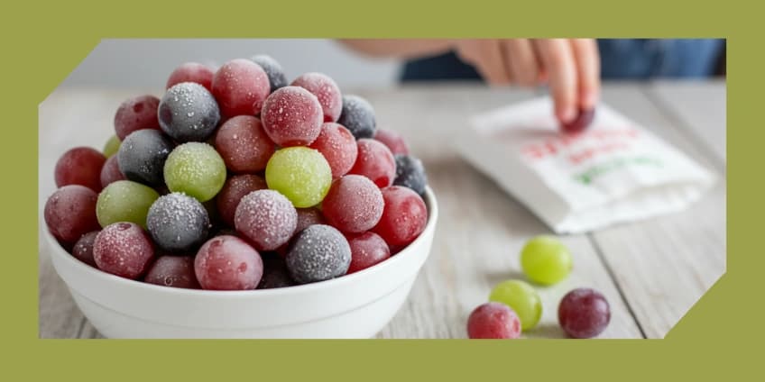 A bowl of frozen grapes, a healthy alternative to gummy snacks.