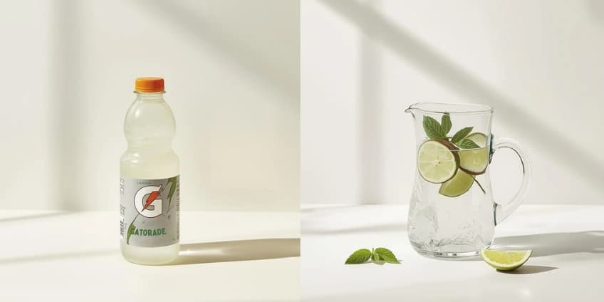 A side-by-side illustration swapping a bottle of Gatorade for a homemade electrolyte drink with coconut water.