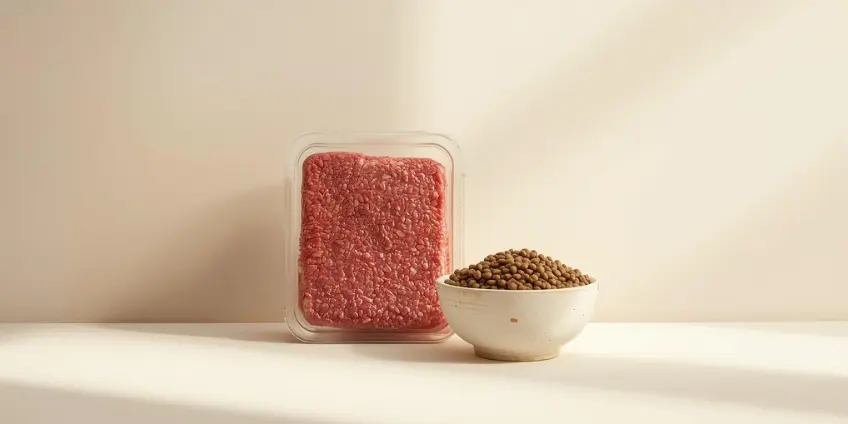 A side-by-side illustration comparing a package of raw ground beef to a bowl of cooked lentils.