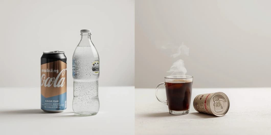 A collage of healthy beverage swaps, showing soda being swapped for sparkling water and sugary coffee for black coffee.