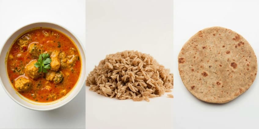 A collage of healthy Indian food swaps, including a vibrant curry, brown rice, and whole wheat roti.