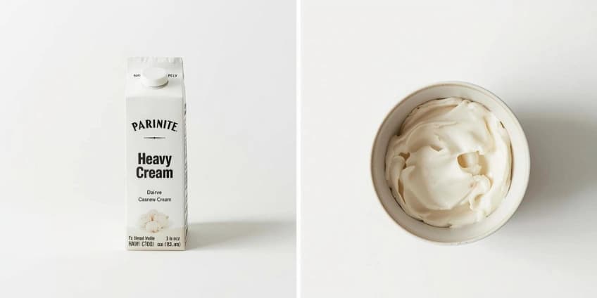 A side-by-side illustration swapping a carton of heavy cream for a bowl of homemade cashew cream.