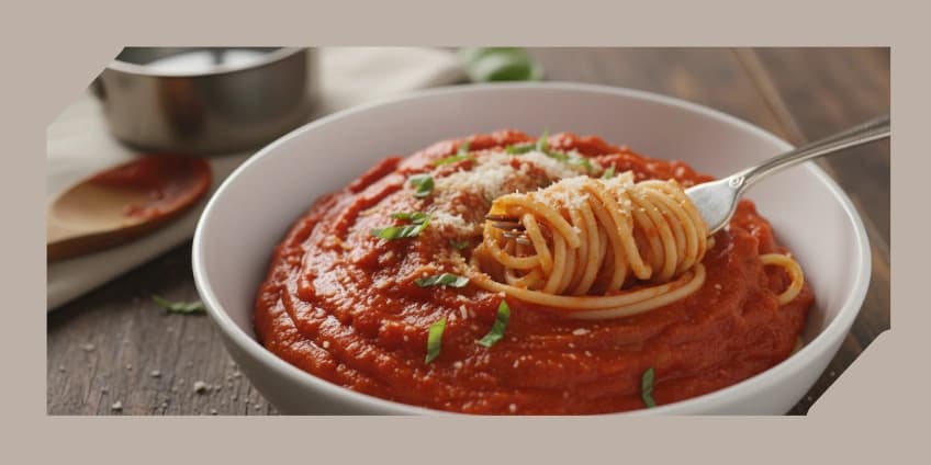 A bowl of spaghetti with a rich red sauce containing hidden blended vegetables.