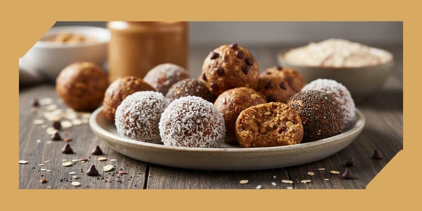 A plate of healthy homemade energy balls made with oats and peanut butter.