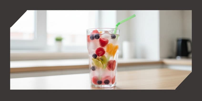 A fun cup filled with water infused with colorful frozen fruit.