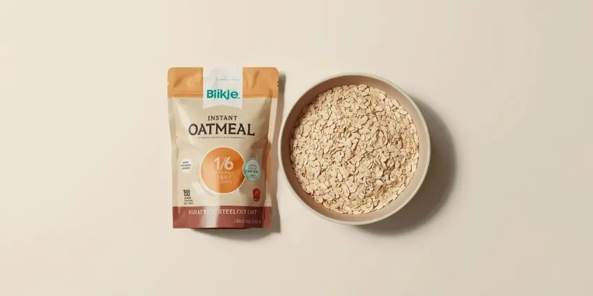 A side-by-side illustration comparing a packet of instant oatmeal to a bowl of steel-cut oats.