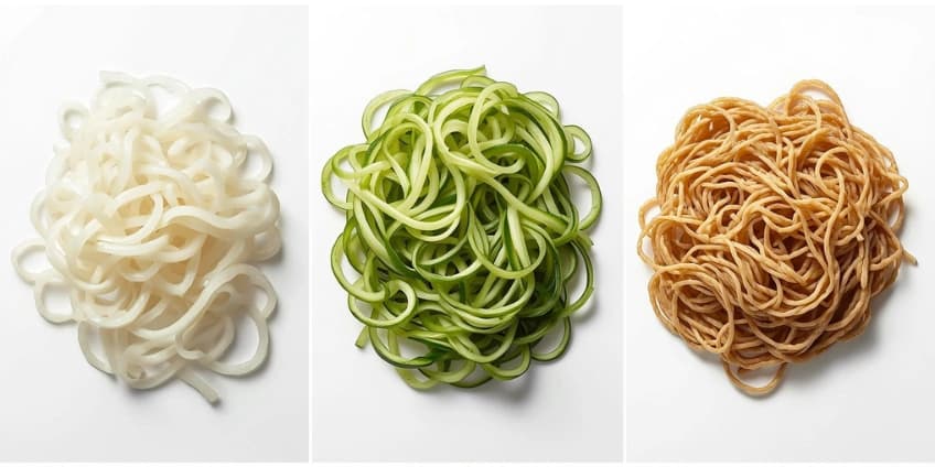 A collage of healthy Japanese noodle swaps, including shirataki noodles, zucchini noodles, and buckwheat soba.