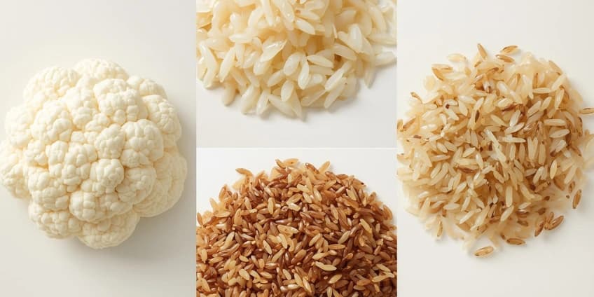 A collage of healthy Japanese rice swaps, including cauliflower rice, shirataki rice, and brown rice.
