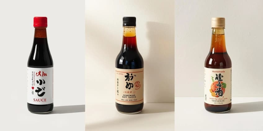 A collage of healthy Japanese sauce swaps, including low-sodium soy sauce and homemade teriyaki.