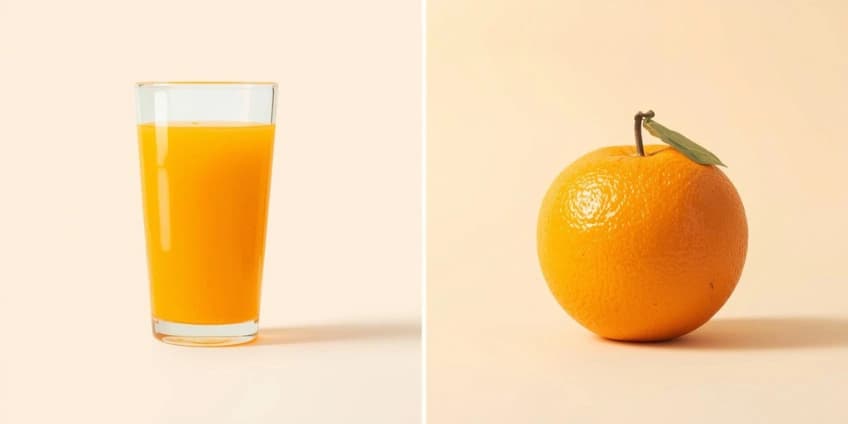 A side-by-side illustration swapping a glass of fruit juice for a whole orange to get more fiber.
