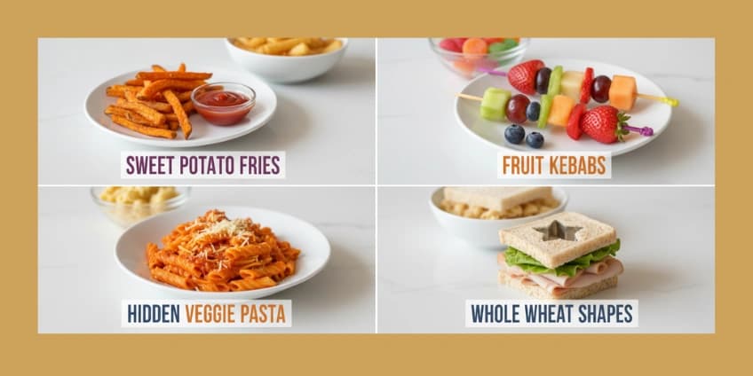 A collage of healthy and fun kid-friendly food swaps, including sweet potato fries, fruit kebabs, and hidden veggie pasta.