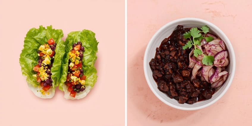 A collage of healthy Latin American cuisine swaps, including lettuce wrap tacos and a bowl of feijoada with black rice.