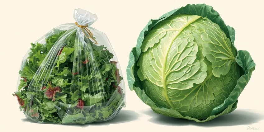 A side-by-side illustration of a wilting bag of spring mix next to a large, cheap head of cabbage.