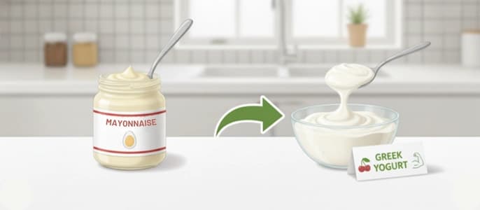 A side-by-side illustration swapping a jar of mayonnaise for a bowl of Greek yogurt.