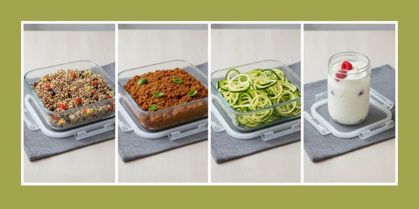 A collage of the best healthy swaps for meal prep, including lentils, quinoa, raw zucchini noodles, and Greek yogurt.