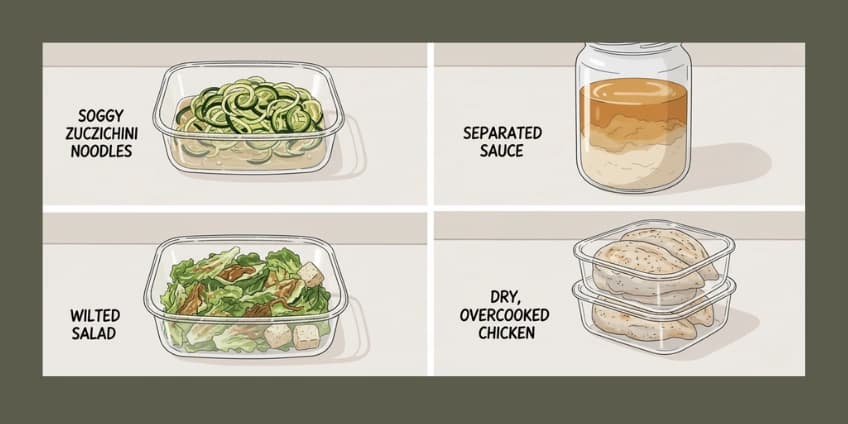 An illustration showing common meal prep mistakes like soggy zucchini noodles or separated sauces.