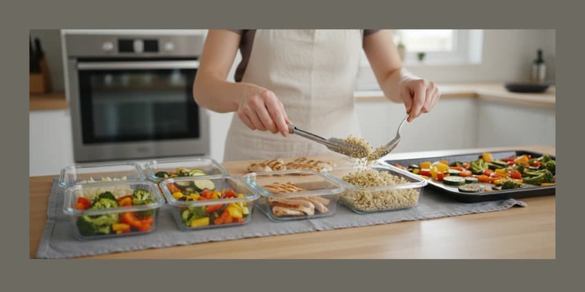 A person meal prepping healthy ingredients like chicken breast, quinoa, and roasted vegetables.
