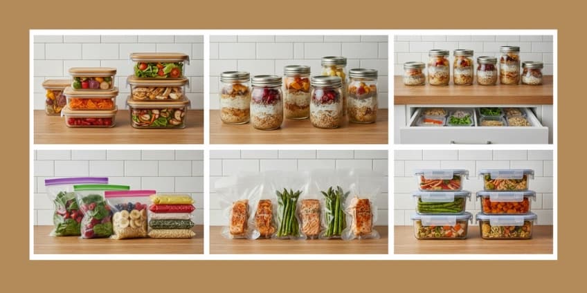 A collage showing healthy meal prep storage solutions like glass containers, mason jars, and freezer bags.