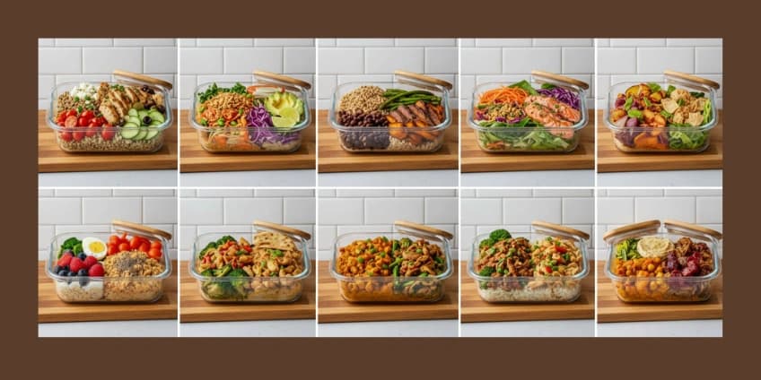 A collage showing a variety of different healthy meal prep bowls to illustrate how to avoid boredom.