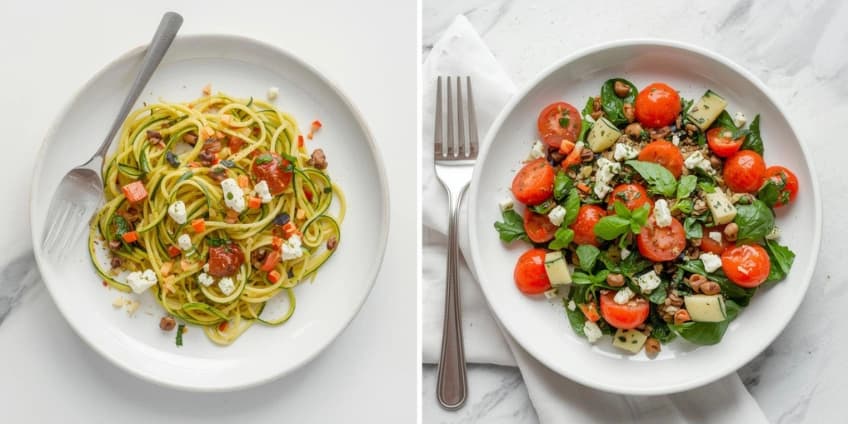 A collage of healthy Mediterranean cuisine swaps, including zucchini noodle pasta and a Greek salad.