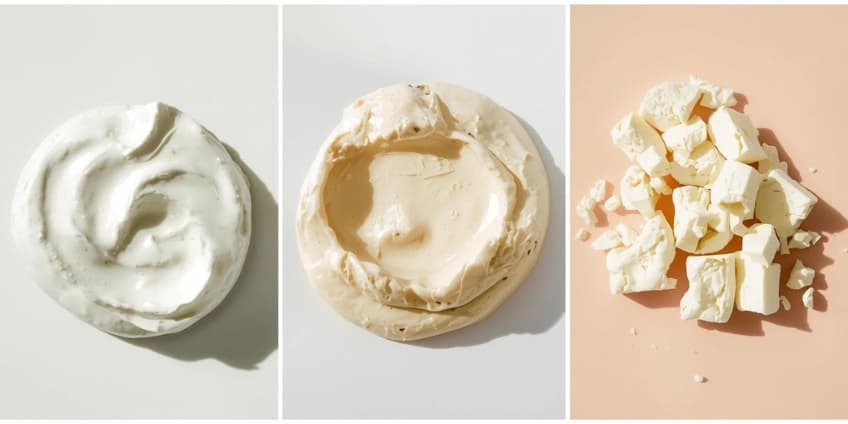 A collage of healthy Mexican dairy swaps, including Greek yogurt, cashew queso, and crumbled tofu feta.