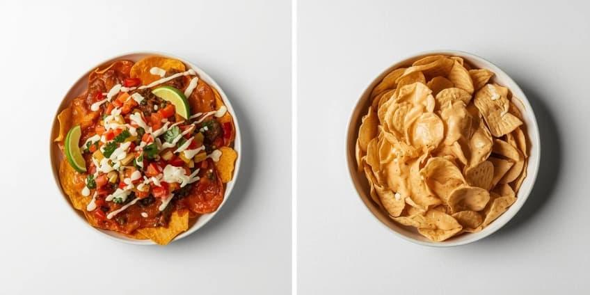 A side-by-side comparison of traditional heavy nachos and a healthy version made with baked chips and cashew queso.
