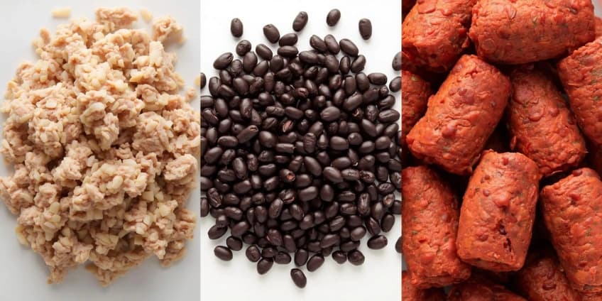 A collage of healthy Mexican protein swaps, including ground turkey, black beans, and soy chorizo.
