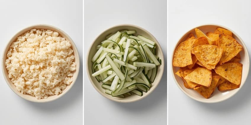 A collage of healthy Mexican side swaps, including cauliflower rice, jicama sticks, and baked tortilla chips.