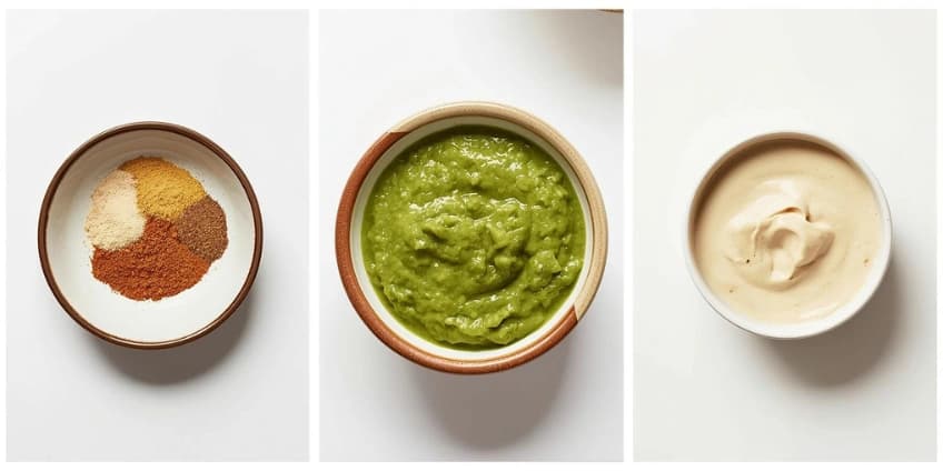 A collage of healthy Mexican sauce swaps, including homemade taco seasoning, salsa verde, and cashew queso.