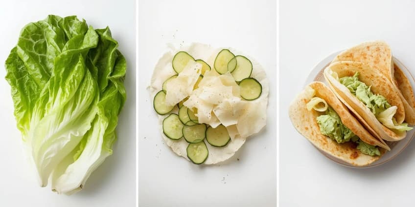 A collage of healthy tortilla swaps, including butter lettuce leaves, jicama slices, and baked taco shells.