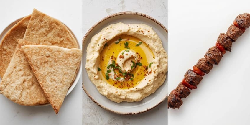 A collage of healthy Middle Eastern cuisine swaps, including whole wheat pita, hummus, and a lean beef kebab.
