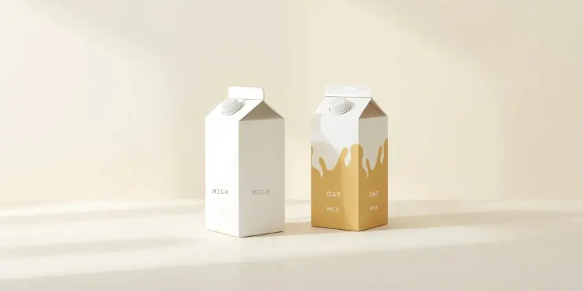 A side-by-side illustration comparing a carton of dairy milk to a carton of protein-fortified oat milk.