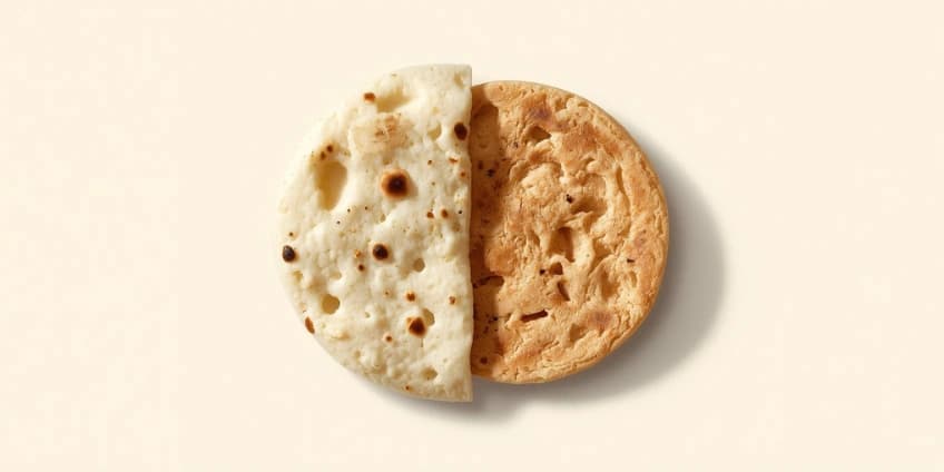 A side-by-side illustration swapping a fluffy white naan bread for a whole wheat roti.