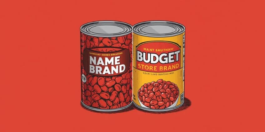 A side-by-side illustration of a name-brand can of beans next to a cheaper, identical store-brand can.