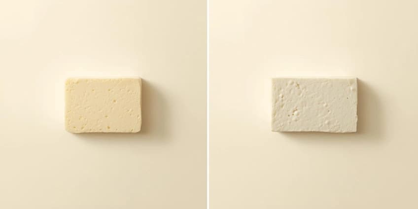 A side-by-side illustration swapping a block of paneer cheese for a block of extra-firm tofu.