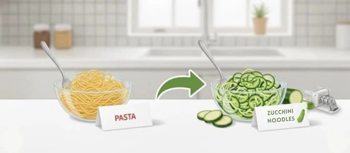 A side-by-side illustration swapping a bowl of pasta for a bowl of fresh zucchini noodles.