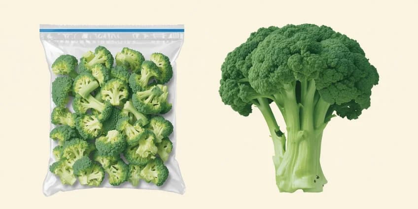 A side-by-side illustration of expensive pre-cut broccoli in a bag next to a cheap whole head of broccoli.