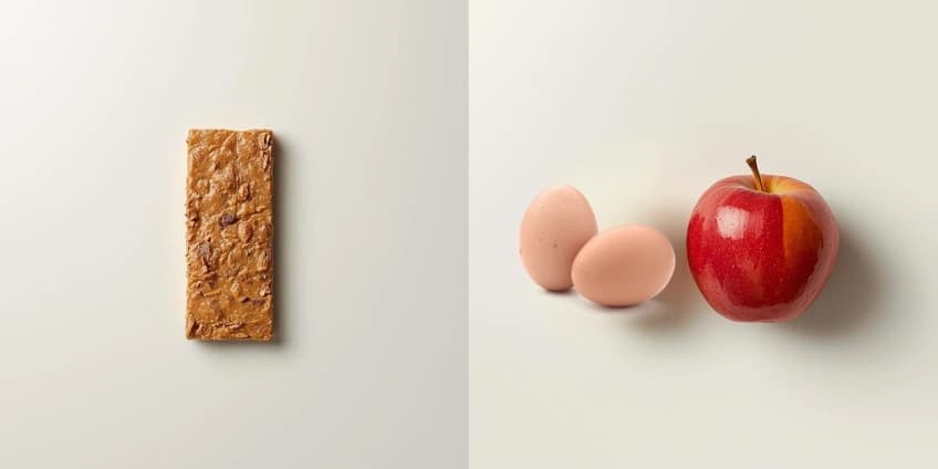 A side-by-side illustration swapping a processed protein bar for two hard-boiled eggs and an apple.