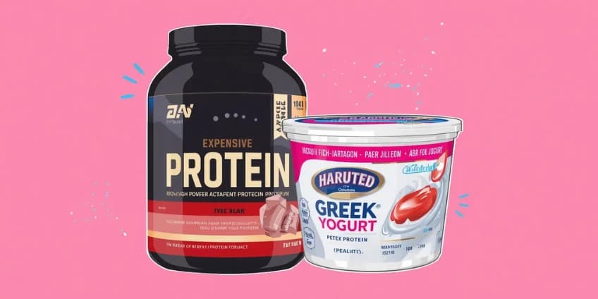 A side-by-side illustration of an expensive tub of protein powder next to a tub of high-protein Greek yogurt.