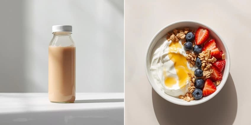 A side-by-side illustration swapping a protein shake for a complete Greek yogurt recovery bowl.